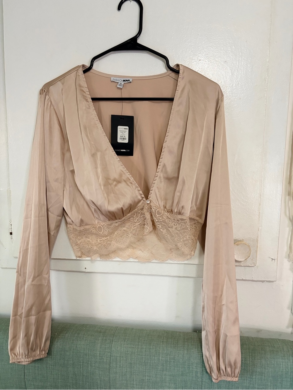 Fashion Nova Nude Lace-Trim Plunge Satin Crop Top